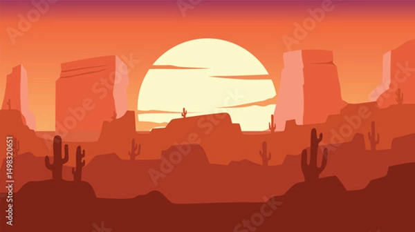 Obraz Desert Silhouette Landscape With Towering Rock And Cactus, Sunset Scenery, nature theme background