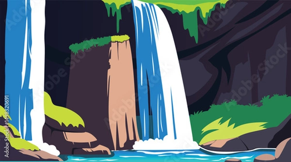 Obraz Beautiful waterfall with rocks around it, background with a natural landscape concept in flat style