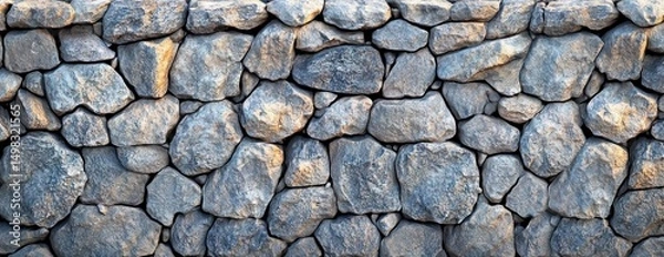 Obraz close-up view of a dry stone wall made of irregularly shaped rocks tightly fitted together with warm sunlight casting soft shadows