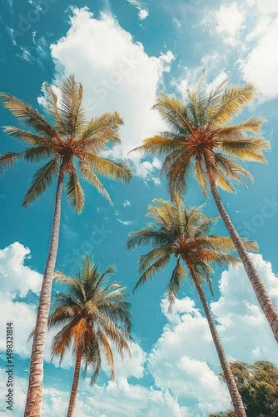 Fototapeta Tall palm trees reaching into a partly cloudy blue sky on a bright day with a warm and tropical atmosphere