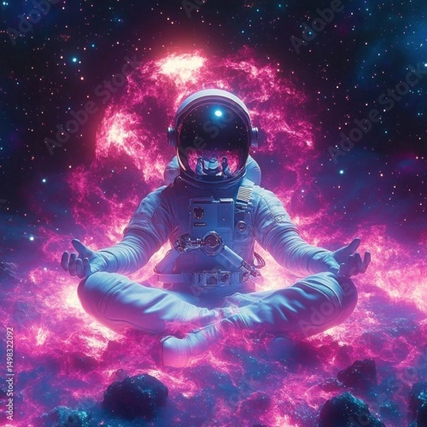 Fototapeta Astronaut in a space suit levitating in a meditative lotus pose surrounded by a glowing pink nebula and sparkling stars in outer space