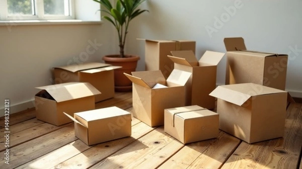 Fototapeta Sunlit Cardboard Boxes on Wooden Floor  A collection of empty and partially filled moving boxes, ready for relocation, bathed in warm sunlight on a hardwood floor.