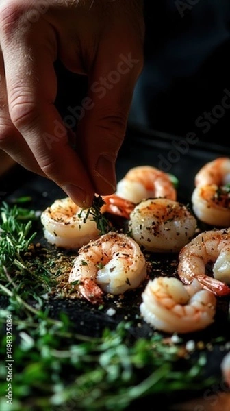 Fototapeta Hands seasoning raw shrimp with fresh herbs and spices on a dark background, ideal for restaurant or cafe menu concepts, ultra-realistic food photography.