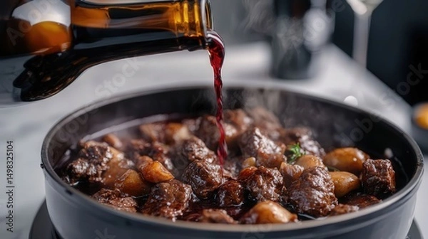 Fototapeta Close-up of red wine being poured into a pot of steaming beef bourguignon on a white marble table in a modern kitchen interior. Studio lighting, gourmet cooking scene.