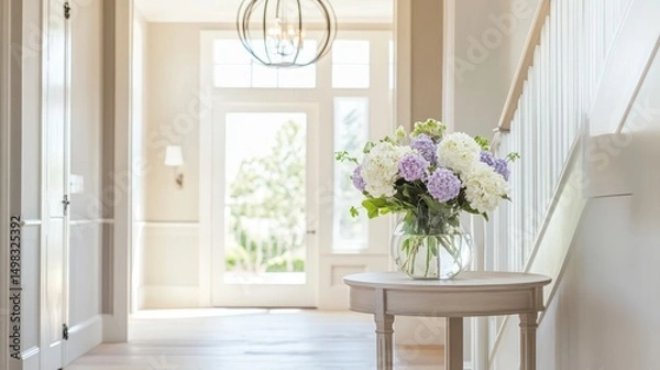 Fototapeta Elegant entrance hall with hydrangea arrangement and natural light pouring through