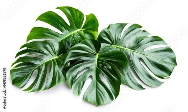 Fototapeta Close-up of green palm leaves forming a frame on a white background. Tropical summer design element with copy space.