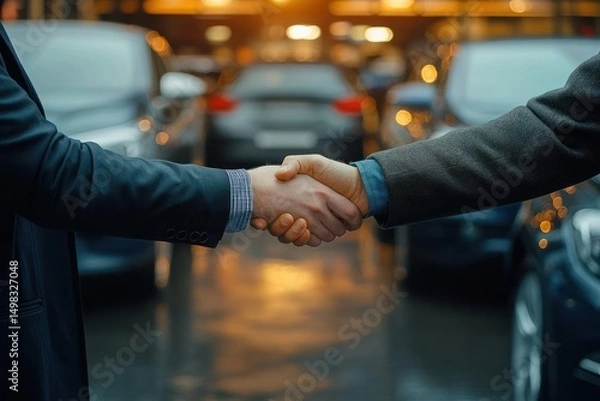 Fototapeta Two people shaking hands in a car dealership or parking lot with blurred cars and warm lighting in the background symbolizing agreement or deal