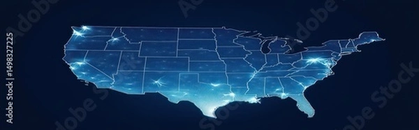 Fototapeta Glowing digital map of the United States highlighting state boundaries and bright network connections across major cities with a futuristic blue tone