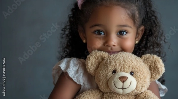 Fototapeta Smiling young girl hugging teddy bear, looking at camera. Close-up portrait on grey background with copy space. Concept of childhood, love, and family.