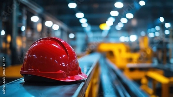 Fototapeta Close-up of a red safety helmet on an industrial plant edge, factory hall with conveyor belt and yellow machinery blurred in background, space for text, high-resolution, bright lighting.