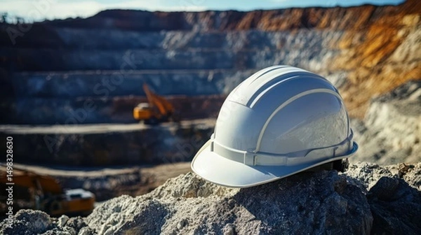 Fototapeta White safety helmet in foreground with open pit mine and excavators in background, close-up, soft daylight, industrial mining theme.