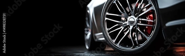 Fototapeta Close-up of stylish black alloy car wheel with glossy red brake caliper against dark background, showcasing modern automotive design