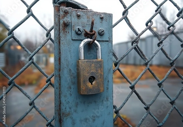 Fototapeta Rusty padlock secured on a weathered blue metal post attached to a chain-link fence with blurred background of an outdoor area