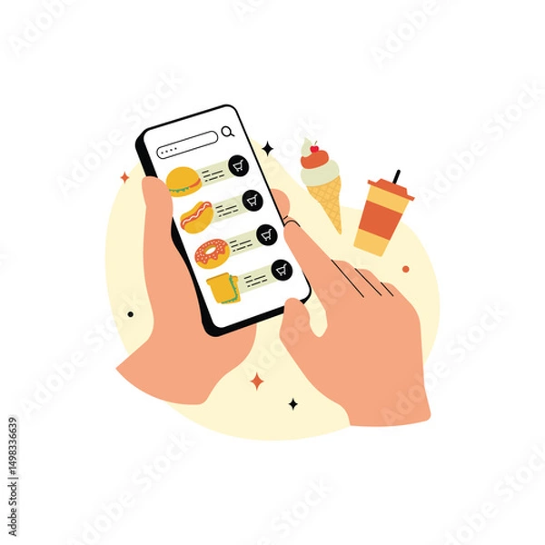 Obraz Mobile Food Ordering App Illustration. User consumer Browsing Food Menu