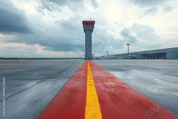 Fototapeta Empty airport tarmac with wet surface, red and yellow guiding lines leading to air traffic control tower under a cloudy sky