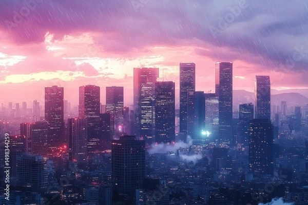 Fototapeta Rainy evening over a city skyline with numerous tall skyscrapers illuminated with lights under a dramatic pink and purple cloudy sky