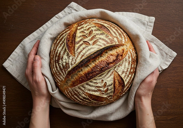 Obraz  Hands Gently Presenting a Beautifully Crafted Sourdough Bread Loaf with Wheat Design
