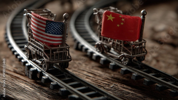 Obraz US and China Flags on Financial Rollercoaster Track