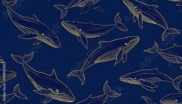 Obraz Dark blue art background with whales in gold line style.
