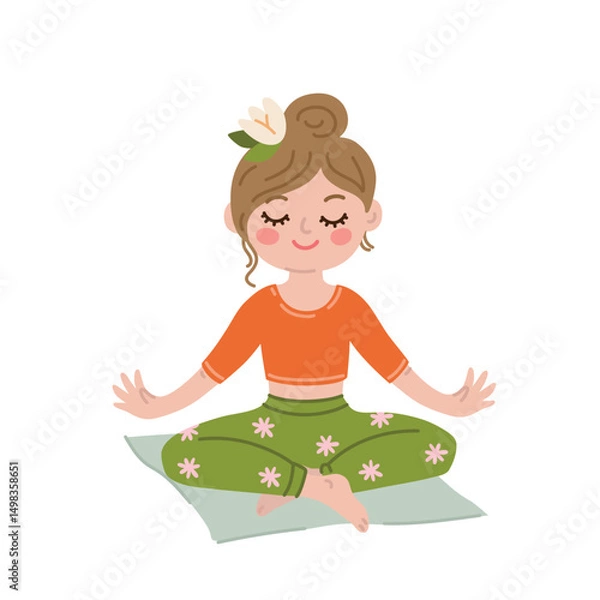 Fototapeta Cartoon illustration of a girl sitting in a lotus position during a yoga class. Can be used for posters, websites, blogs and more. Vector flat style