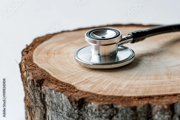 Fototapeta Stethoscope resting on a tree stump.  A medical tool on natural wood