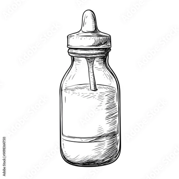 Fototapeta Professional Hand Drawn Sketch of Baby Milk Bottle with Pacifier for Infant Nutrition Design