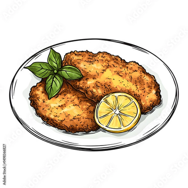 Fototapeta Professional hand drawn sketch of German Schnitzel with lemon for culinary designs