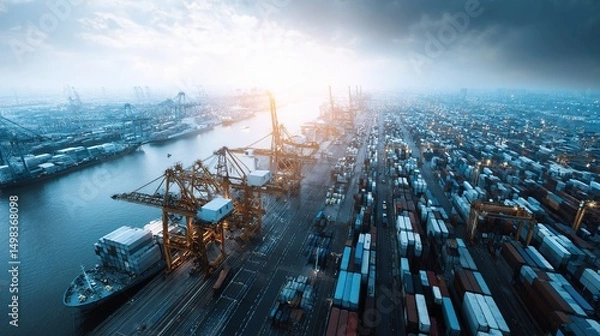Fototapeta Aerial View of Busy Shipping Port with Cranes and Containers