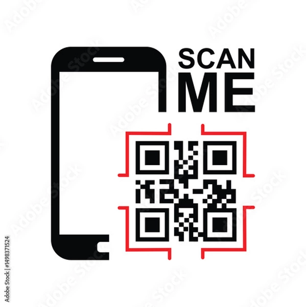 Obraz A modern smartphone displayed beside a bold red-framed QR code with “SCAN ME” text, emphasizing digital interaction and mobile scanning. Clean, minimalist design for tech, marketing, or call-to-action