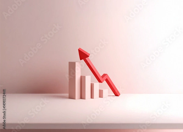 Fototapeta Minimal composition of a red upward arrow centered on a pastel background, with abstract shapes indicating movement and progress.