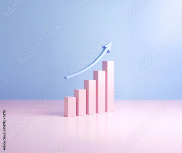 Fototapeta A minimalist 2D bar chart with a single arrow rising above the bars, soft gradient tones, and no text, symbolizing sales increase and market progress.