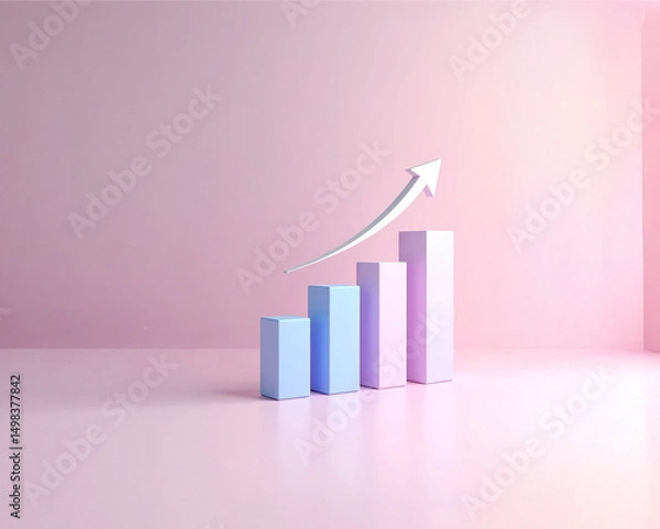 Fototapeta A minimalist 2D bar chart with a single arrow rising above the bars, soft gradient tones, and no text, symbolizing sales increase and market progress.