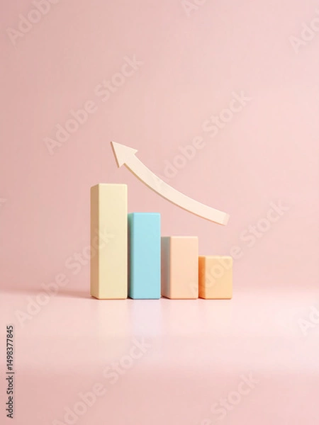 Fototapeta A minimalist 2D bar chart with a single arrow rising above the bars, soft gradient tones, and no text, symbolizing sales increase and market progress.