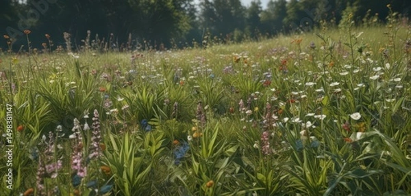 Fototapeta Dense border of blooming meadow plants, abundant insect activity ,  stock,  element