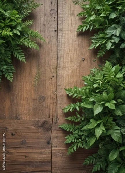 Fototapeta Close-up of fresh greenery arranged on aged wood, showcasing natural textures , surface, rustic