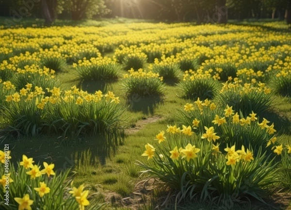Fototapeta Sunlit yellow daffodils carpet a verdant meadow , macro, green