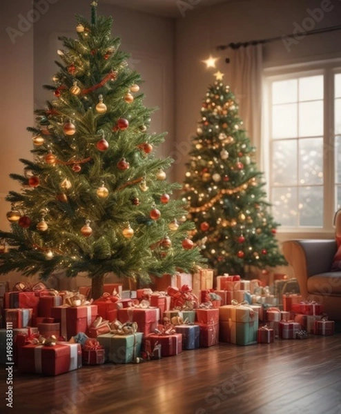 Fototapeta Glowing Christmas tree, abundant presents, festive scene ,  element,  joyful