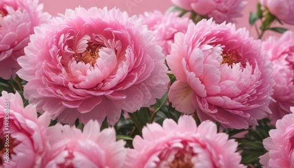Fototapeta Close-up of densely packed pink peonies against a soft pink backdrop , petals, floral background