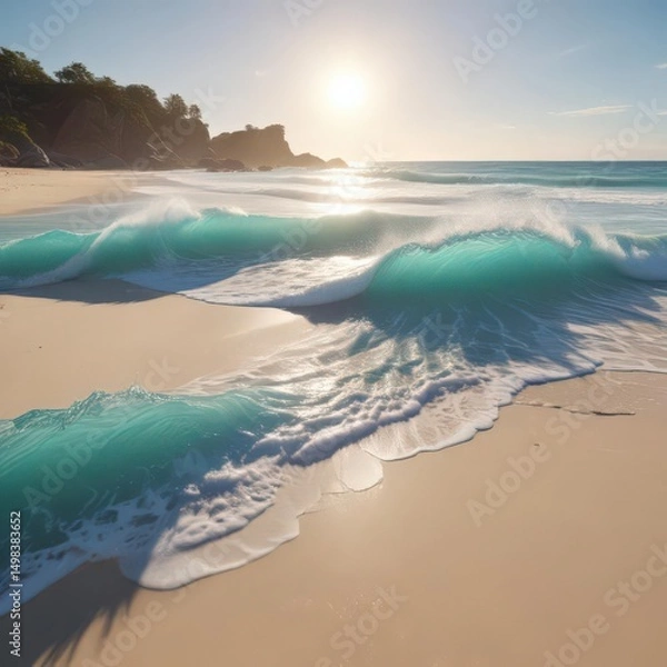 Fototapeta Rolling turquoise waves crash on a pristine sandy beach, sunlight sparkling on the crests , design, graphic, shore