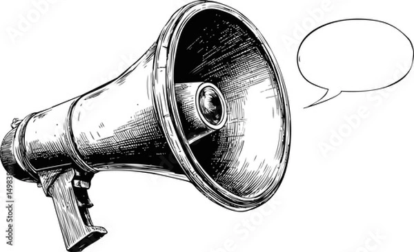 Fototapeta Illustration of a megaphone with speech bubble in black and white sketch style. Vector illustration