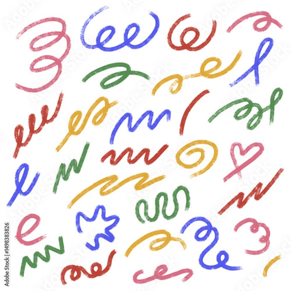 Fototapeta Grunge chalk textured bold wavy lines set. Brush stroke squiggly symbols. Pencil charcoal freehand swirl underline. Scribble curve loop sketch. Doodle hand drawn swish isolated vector illustration