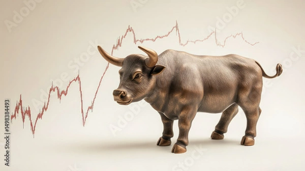 Obraz A bull statue facing a declining stock market graph symbolizes financial loss and economic downturns. AI generative