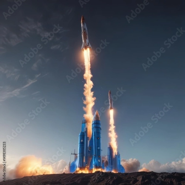 Fototapeta Rocket launch from rising blue graph, fiery blast, upward trajectory,  technology,  space