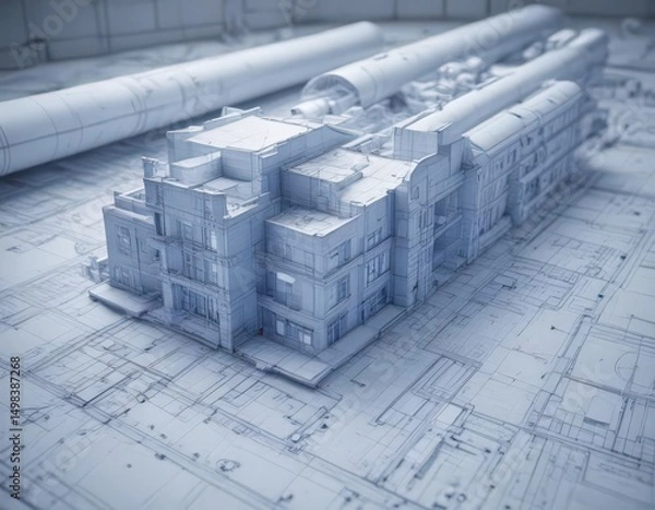 Fototapeta Architectural drawing on blueprint photo effect, overlay, drafting, aged