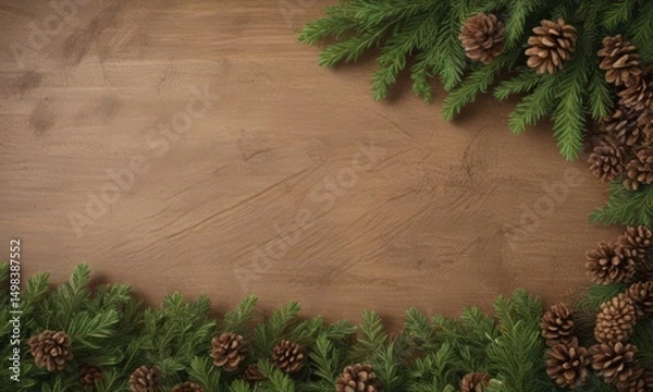 Fototapeta Lush green fir branches and brown pine cones create a rustic Christmas border ,  winter,  winter border,  pine