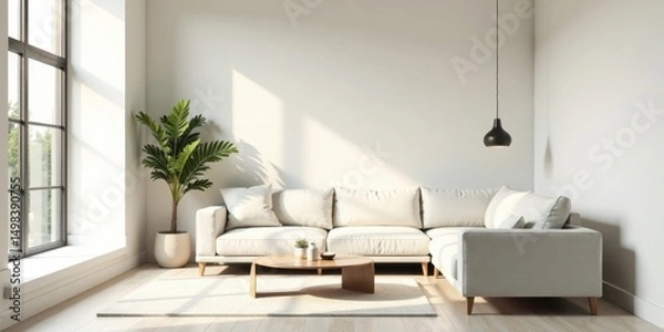Fototapeta Serene Living Room with Modern Sectional Sofa and Sunlight Streaming Through Large Window