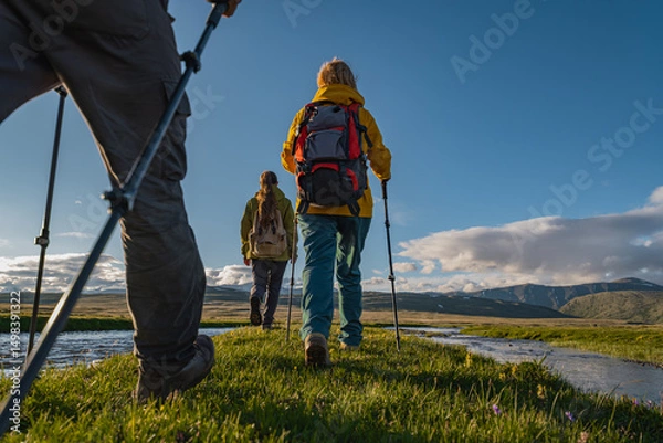 Fototapeta A group of tourists in bright clothes, with backpacks on their backs and trekking poles in their hands, walk in front of a green meadow, rivers flow nearby, all this against the background of mountain
