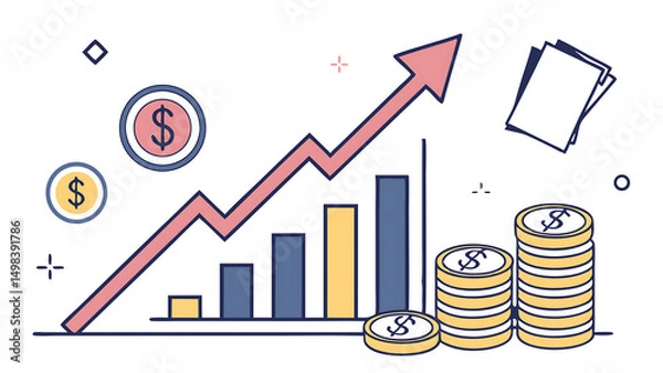 Fototapeta A vector infographic showing a growing bar chart and a rising line graph with an upward arrow, surrounded by coins and currency symbols, in a flat design style with a corporate color palette. 