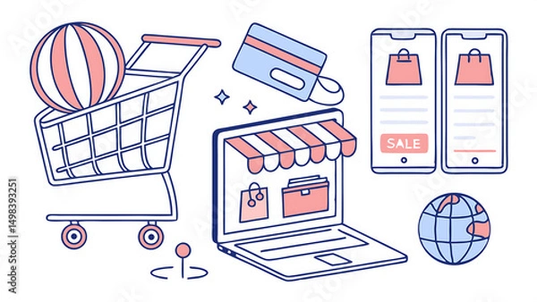 Fototapeta A vector illustration of a modern e-commerce interface featuring a shopping cart, credit card, and product listings, in a flat design style with pastel colors. The composition includes smartphone .