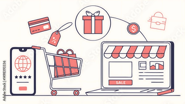 Fototapeta A vector illustration of a modern e-commerce interface featuring a shopping cart, credit card, and product listings, in a flat design style with pastel colors. The composition includes smartphone .